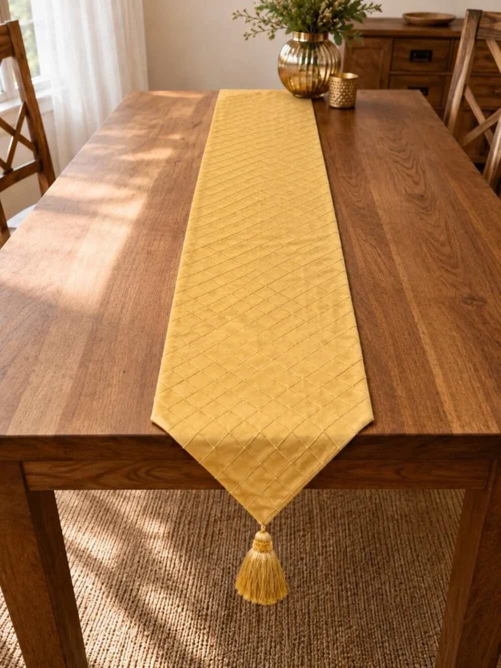 Custom Raw Silk Gold Diamond Stitch Table Runner Tassels 80”